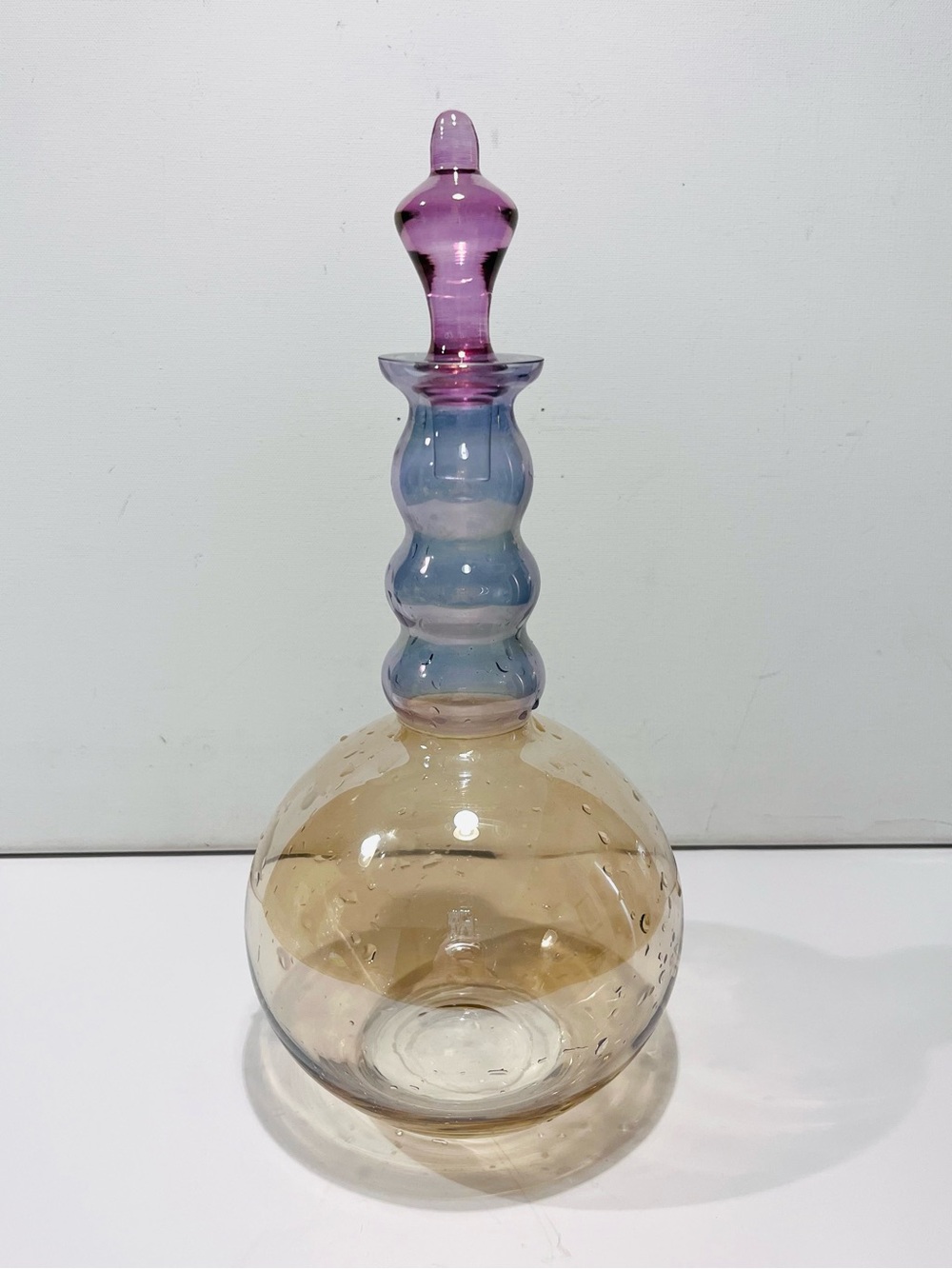 Vintage Art Glass Multicolor Decanter With Stopper Amber Blue Pink 12.5” MCM